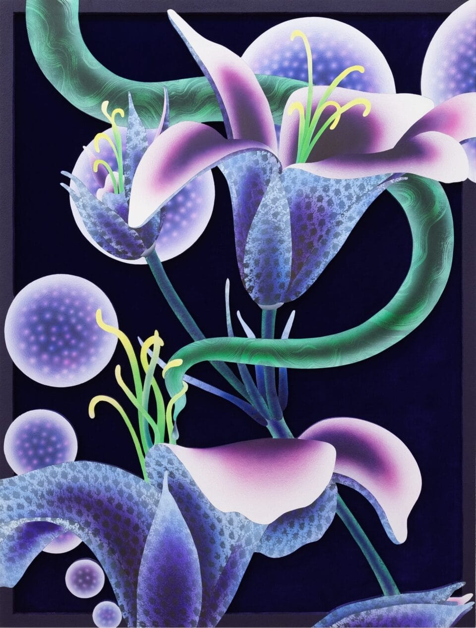a painting on wood and black velvet of otherworldly purplish-blue lilies