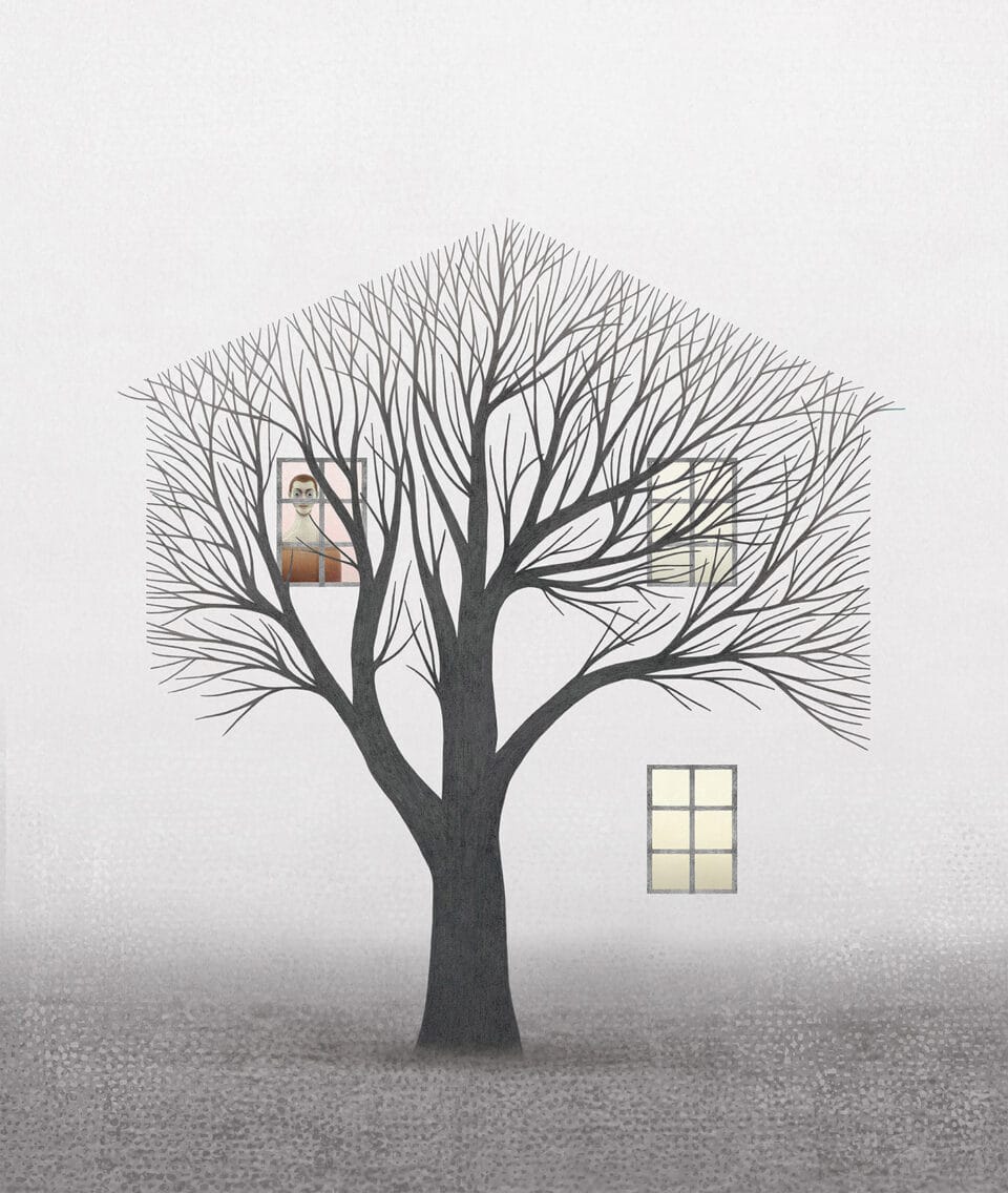 a tree grows into a house in its canopy. a man peers through an upper story window