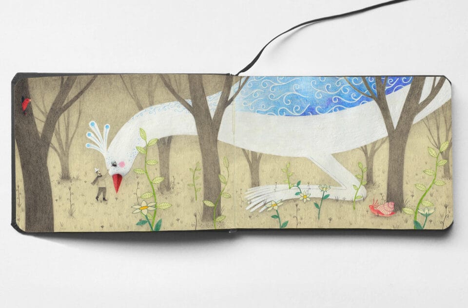 an open sketchbook with a white, bird like creature greeting a tiny man in a forest